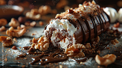 The irresistible beauty of harmful food a thick roll with ice cream, nuts and whipped cream