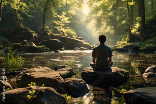 A tranquil scene of a person sitting cross-legged by a babbling brook  immersing themselves in mindfulness meditation amidst nature s symphony. Generative Ai.