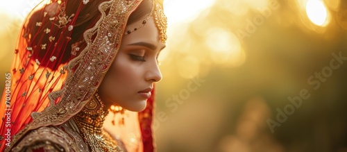 Female individual, bride with bridal attire and symbol of commitment for love-filled occasion, partnership or union bonding. photo