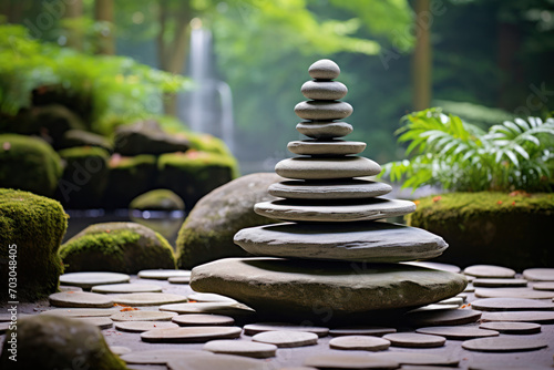 The deliberate arrangement of stones in a Zen garden, embodying the principles of mindfulness, balance, and simplicity. Generative Ai.