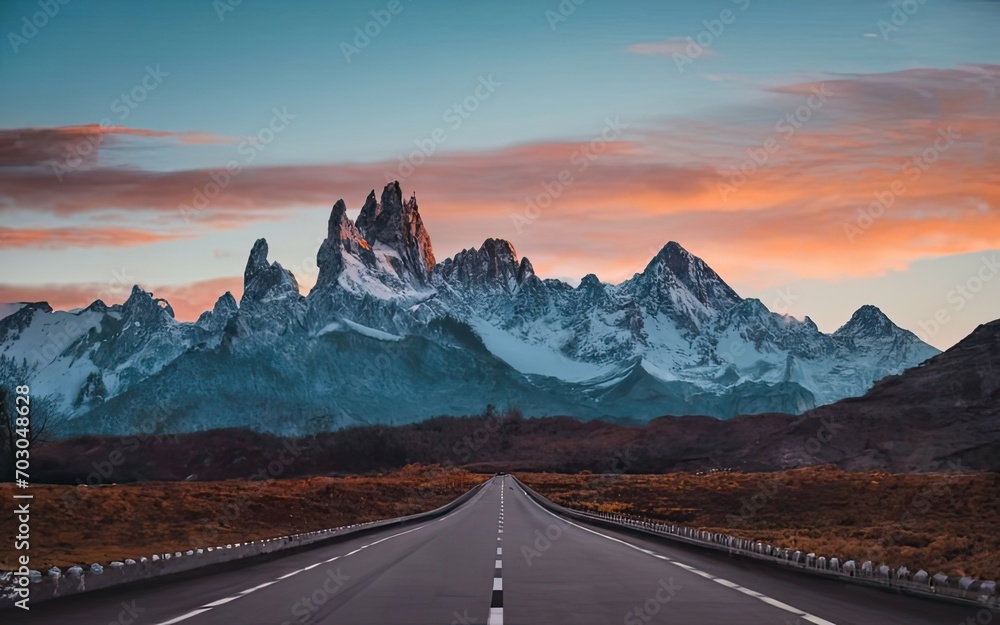 Road to the mountains, peaceful landscape, travel destiny, Argentina Fitz Roy, panorama view
