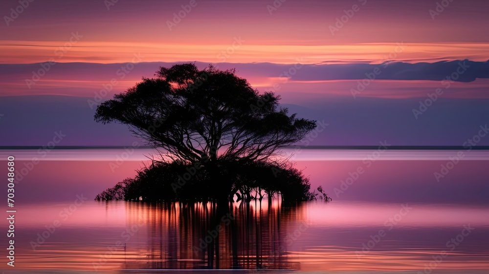 Silhouette of a trees in the water at sunset with reflection, Scenic view of sea against sky at sunset, peaceful wallpaper, panorama landscape, sunset scene