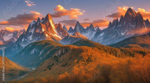 Mountain landscape with snow-capped peaks at sunset in autumn, Mountains and grassy meadow at the sunset, peaceful landscape wallpaper