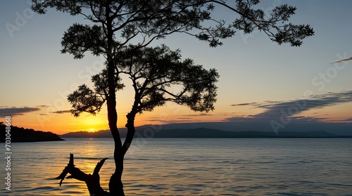 Silhouette of trees at sunset on the sea background, panorama view, peaceful landscape, Scenic view of sea against sky at sunset
