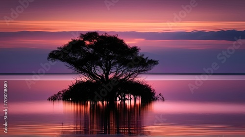 Silhouette of a trees in the water at sunset with reflection, Scenic view of sea against sky at sunset, peaceful wallpaper, panorama landscape, sunset scene