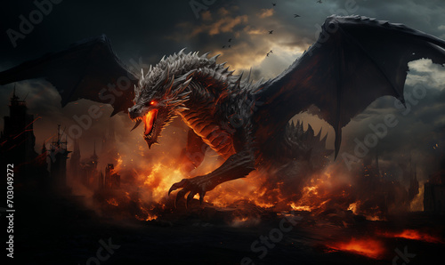 gorgeous big angry dragon spitting fire and destroying an entire city