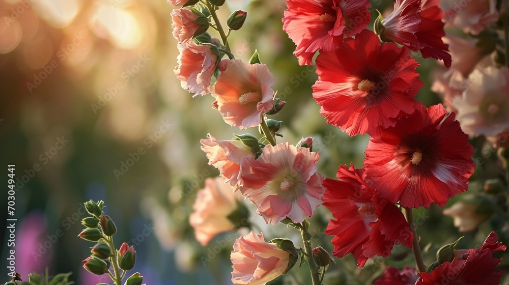 Hollyhocks against a gradient from red to soft gold. Hollyhocks against a gradient from red to soft gold.