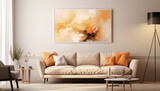 Generative AI image of modern living room with sofa, large wall art and large floor lamp