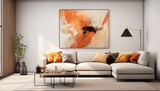 Generative AI image of modern living room with sofa, large wall art and large floor lamp