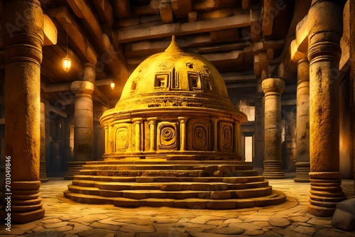 4k high resolution image of a old aged temple colored in yellow rustic limestones, with a big stoned round device in the back, some lights comming from there. An adventure envoirolment inspired in mov