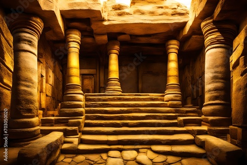 4k high resolution image of a old aged temple colored in yellow rustic limestones, with a big stoned round device in the back, some lights comming from there. An adventure envoirolment inspired in mov
