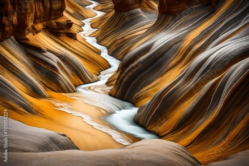 Golden rivers flowing through liquid gray and white canyon