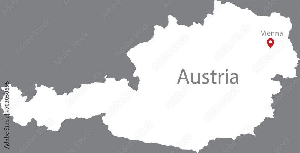 White Map of Austria with location marker of the capital and inscription of the name of the country and the capital inside map on gray background