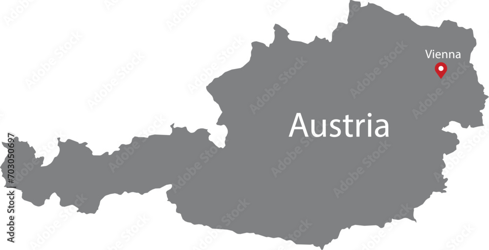 Gray Map of Austria with location marker of the capital and inscription of the name of the country and the capital inside map