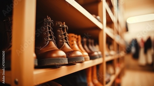 Up close view of a walkin closet filled with neatly organized shoes and boots. photo