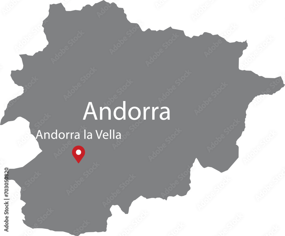 Gray Map of Andorra with location marker of the capital and inscription of the name of the country and the capital inside map Gray Map of Andorra with location marker of the capital and inscription of the name of the country and the capital inside map