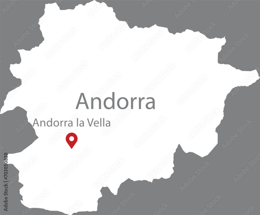 White Map of Andorra with location marker of the capital and inscription of the name of the country and the capital inside map on gray background