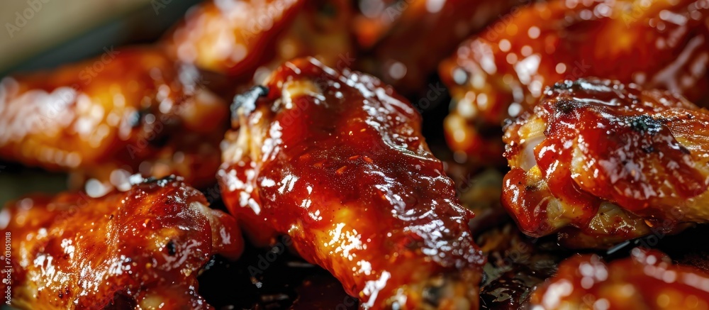 Close-up of BBQ chicken wings with red sauce. Close-up of BBQ chicken wings with red sauce.