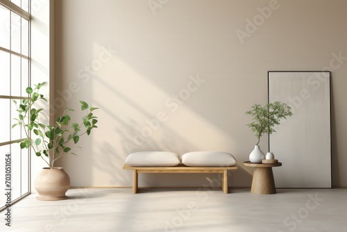 Generative AI image of 3d interior of neutral living room with natural plants and an empty wooden stool