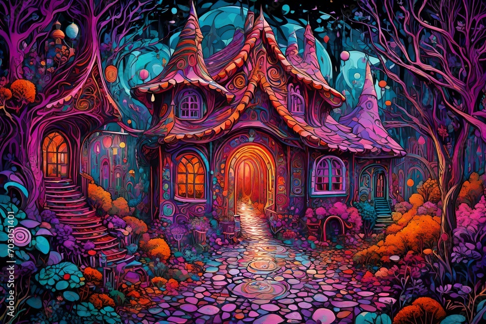 hansel and gretel, in the style of fantastical compositions, colorful, eye-catching compositions, symmetrical arrangements, purple, pink, orange and aquamarine, gothic references, spiral group, maximi