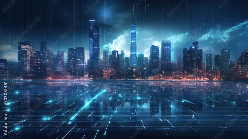 Modern City showed in Particles Hologram Cyberpunk Style Modern City showed in Particles Hologram Cyberpunk Style