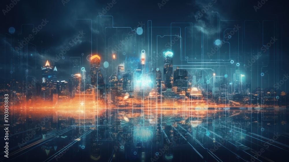 Obraz premium Modern City showed in Particles Hologram Cyberpunk Style