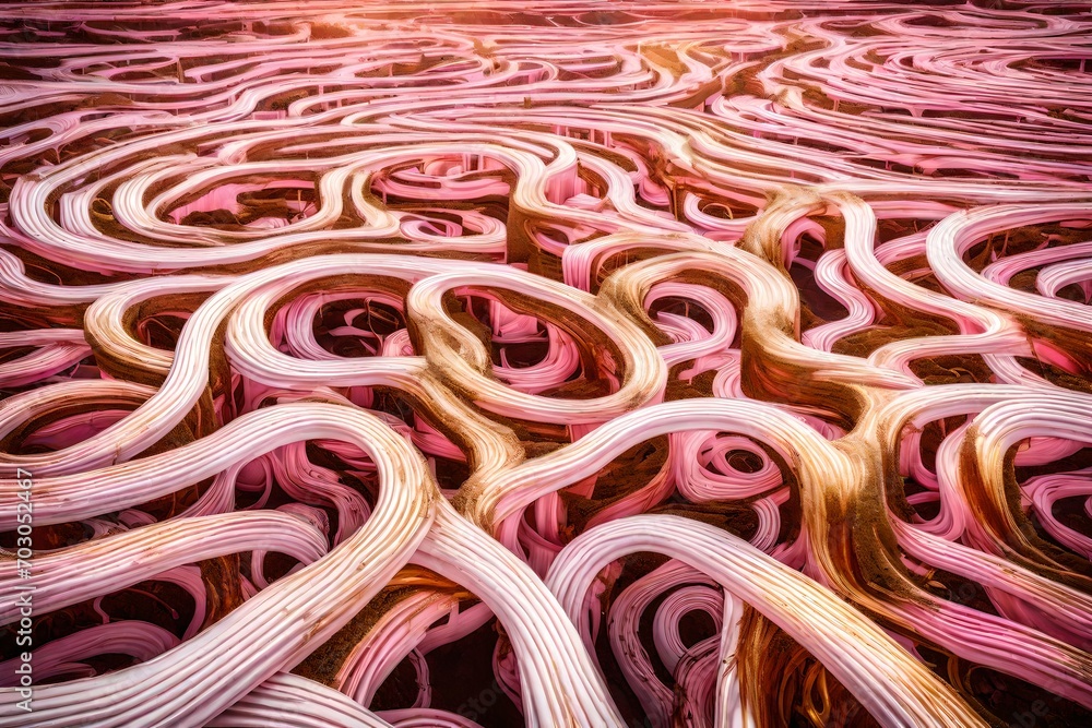 Liquid pink and white tendrils forming intricate golden labyrinths.