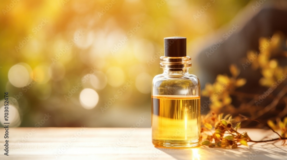 Closeup of a clear glass bottle filled with handmade, organic essential oils. Closeup of a clear glass bottle filled with handmade, organic essential oils.