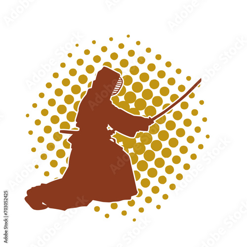 Silhouette of a sword warrior in action pose. Silhouette of a martial art person carrying sword weapon. Silhouette of kendo martial art pose.