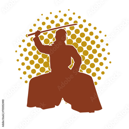 Silhouette of a sword warrior in action pose. Silhouette of a martial art person carrying sword weapon. Silhouette of kendo martial art pose.