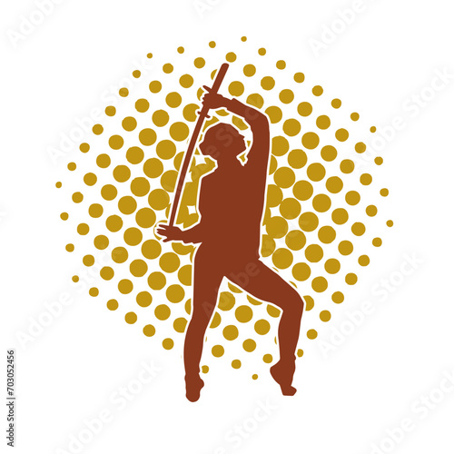 Silhouette of a female fighter in action pose carrying sword weapon.