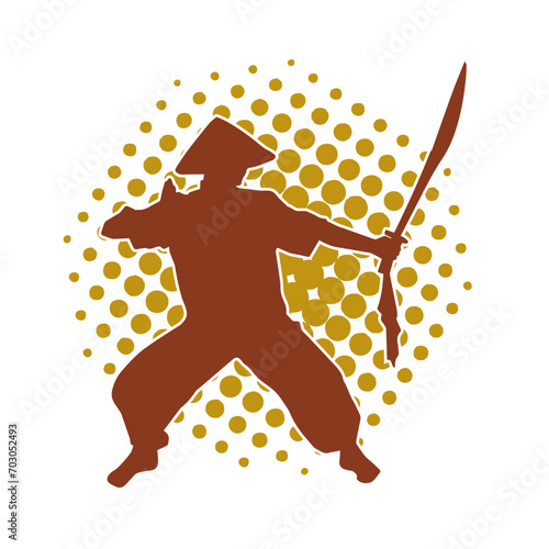 Silhouette of a sword warrior in action pose. Silhouette of a martial art person carrying sword weapon. Silhouette of kendo martial art pose.