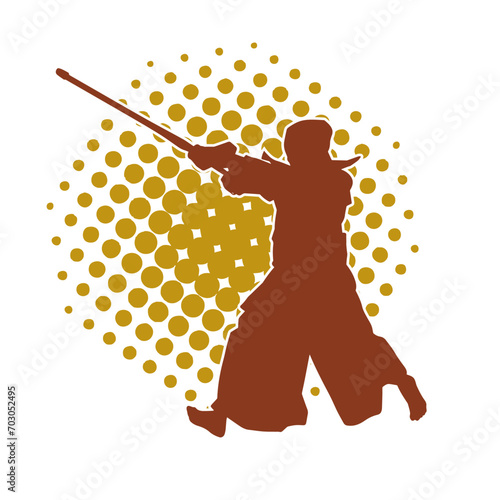 Silhouette of a sword warrior in action pose. Silhouette of a martial art person carrying sword weapon. Silhouette of kendo martial art pose.