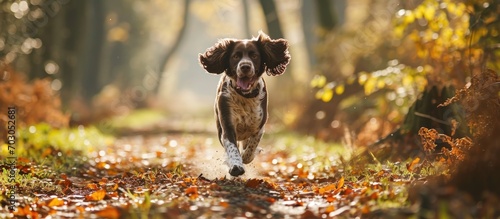 Happy Sprocker spaniel running fast on country lane. photo