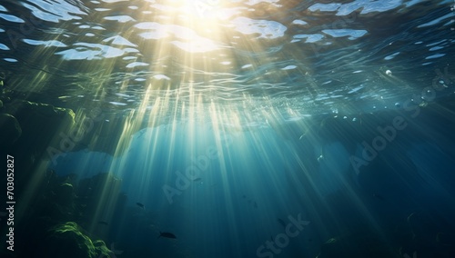 Generative AI image of an underwater view of the ocean with sunbeams and sunrays