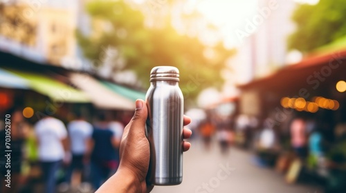 Closeup of a persons hand holding a reusable metal water bottle as they browse through a farmers market.