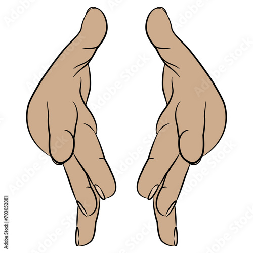 Two stretched forward human hands with open fingers in dynamic release gesture. Cartoon style. Front view. Isolated vector illustration.