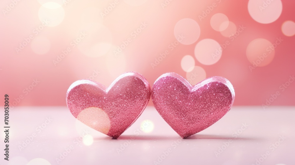 Two glittering hearts on pink background symbolizing love and Valentine's Day celebration. Two glittering hearts on pink background symbolizing love and Valentine's Day celebration.