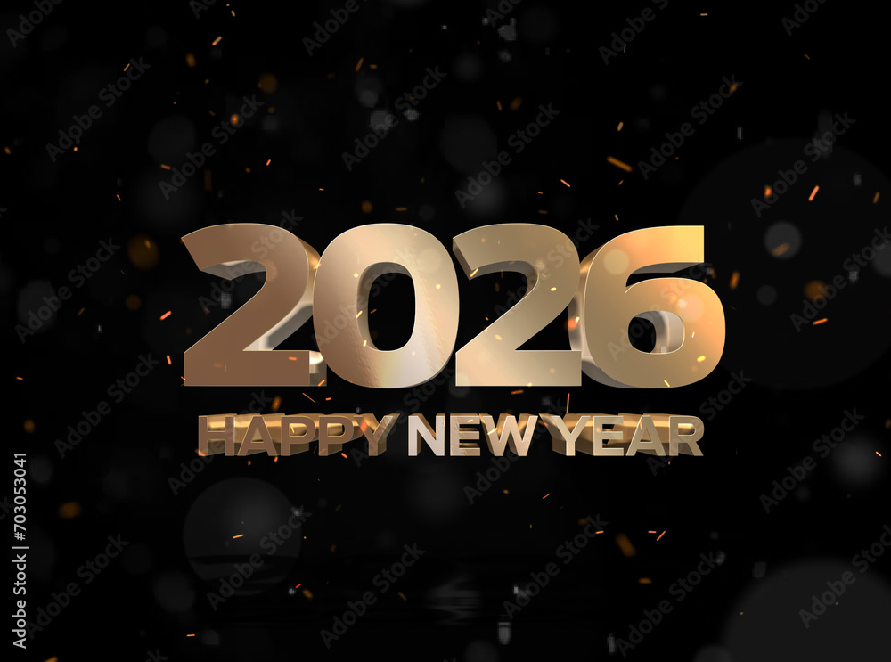 Happy New Year 2026 Celebration Text with Festive Gold Fireworks with