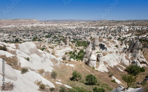 View of the village of Goreme in Cappadocia, Anatolia region of Turkey, on a sunny summer day, panorama