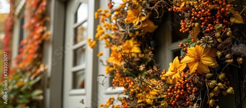 Autumn wreath on front door adorned with yellow and orange flowers. photo