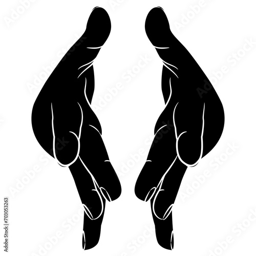 Two stretched forward human hands with open fingers in dynamic release gesture. Cartoon style. Black and white silhouette. Front view. 