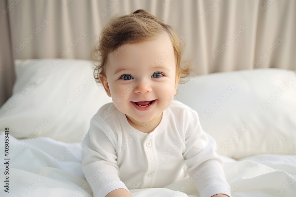 Generative AI image of a white baby is lying on a bed and smiling