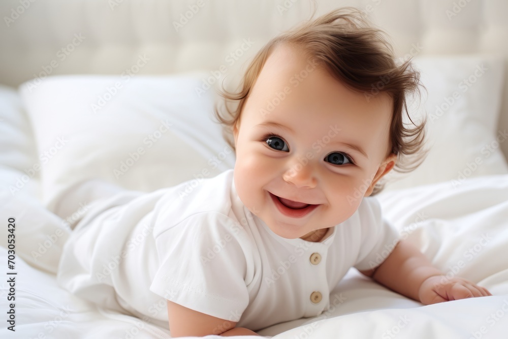 Generative AI image of a white baby is lying on a bed and smiling