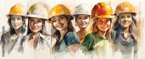 Generative AI image of a watercolor painting of women with hats, headwear and hard hat photo