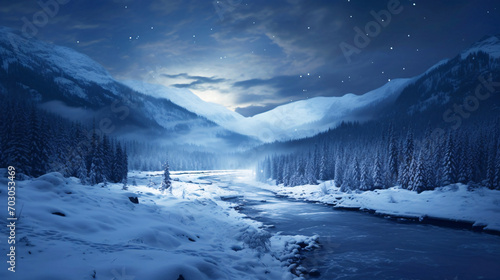冬の夜の森、月と山の自然風景