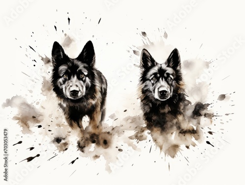 An illustration of a dog and ink splashes.  photo