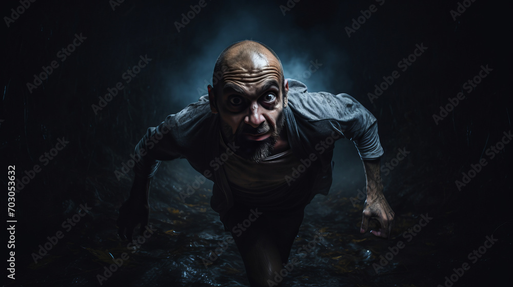 Generative AI image of a scary man running in the dark with his eyes open