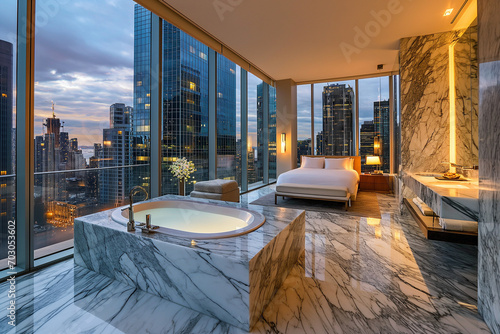 Luxurious suite in a five-star hotel with kingsized bed, city view, marble bathtub, and private balcony photo