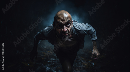 Generative AI image of a scary man running in the dark with his eyes open © Eitan Baron